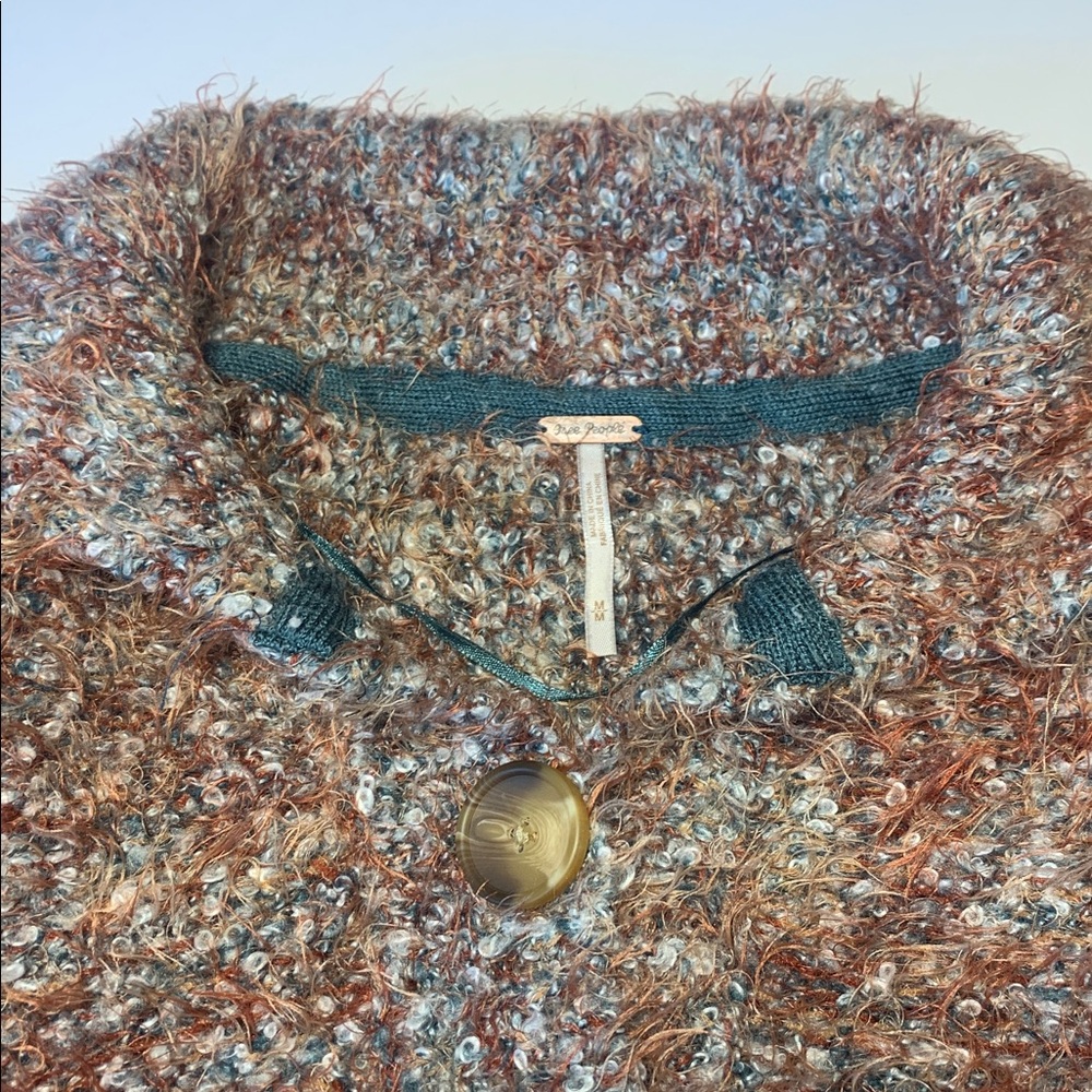 Free People Stellar Knit Pullover Sweater‎ EUC Med Blue Green Brown Eyelash Knit - Picture 11 of 16
